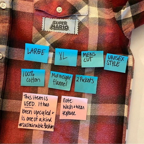 Nintendo Super Mario Flannel Shirt Mens Large XL Retro Handmade Upcycled Red - Picture 7 of 12